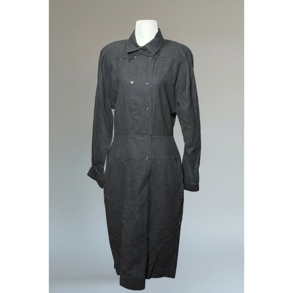 Vintage Ambria Womens 12M 100% Worsted Wool Flannel Long Coat Dress Gray Classic